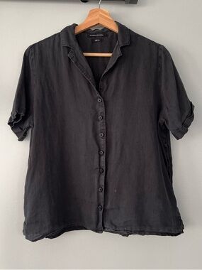 Monoprix Relaxed 100% Linen Black Short-Sleeve Button-Down Shirt